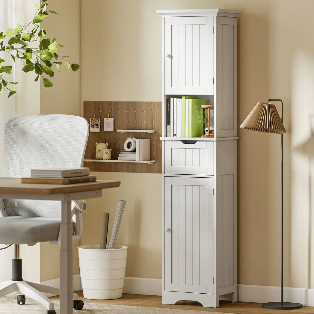 HOMCOM Slim Tall Bathroom Storage Cabinet with Motion Sensor LED Lights, Drawer & Adjustable Shelf – White