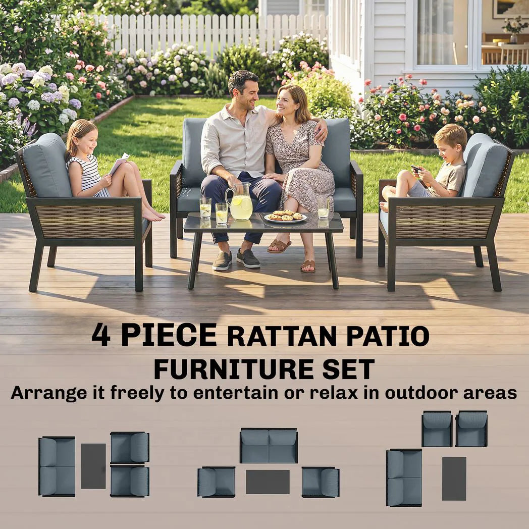 Outsunny 4-Seater Rattan Garden Furniture Set with 2 Armchairs, Loveseat & Coffee Table – Cushioned, Grey