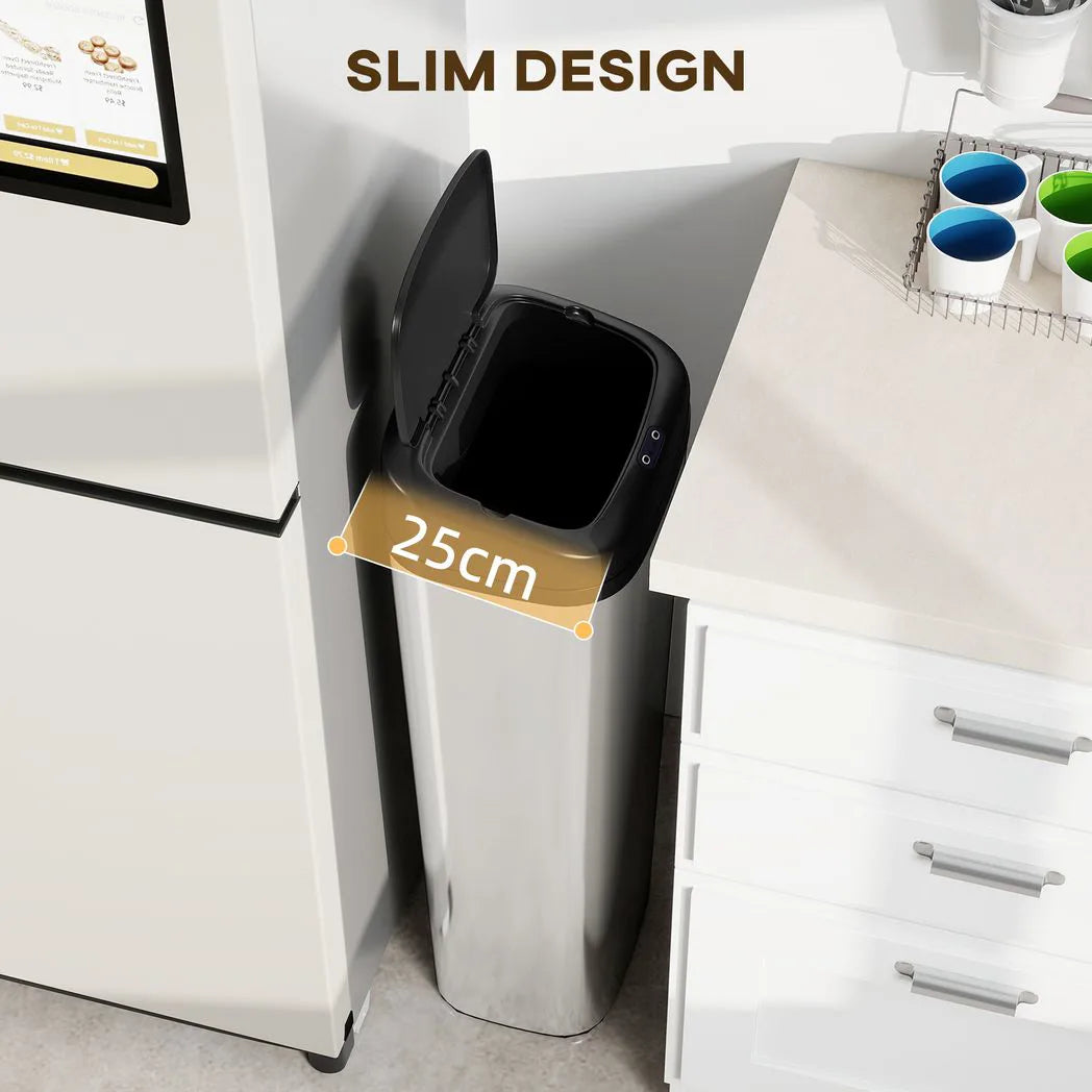 HOMCOM 50L Stainless Steel Sensor Bin with Slim 25cm Width – Hygienic Kitchen Rubbish Bin, Silver Tone