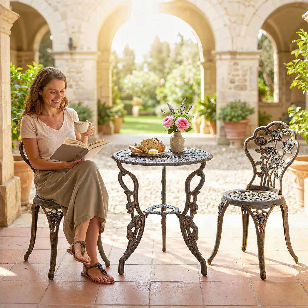 Outsunny 3 Piece Cast Aluminium Bistro Set with Parasol Hole – Antique Floral Table and 2 Chairs, Brown Tone