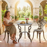 Outsunny 3 Piece Cast Aluminium Bistro Set with Parasol Hole – Antique Floral Table and 2 Chairs, Brown Tone