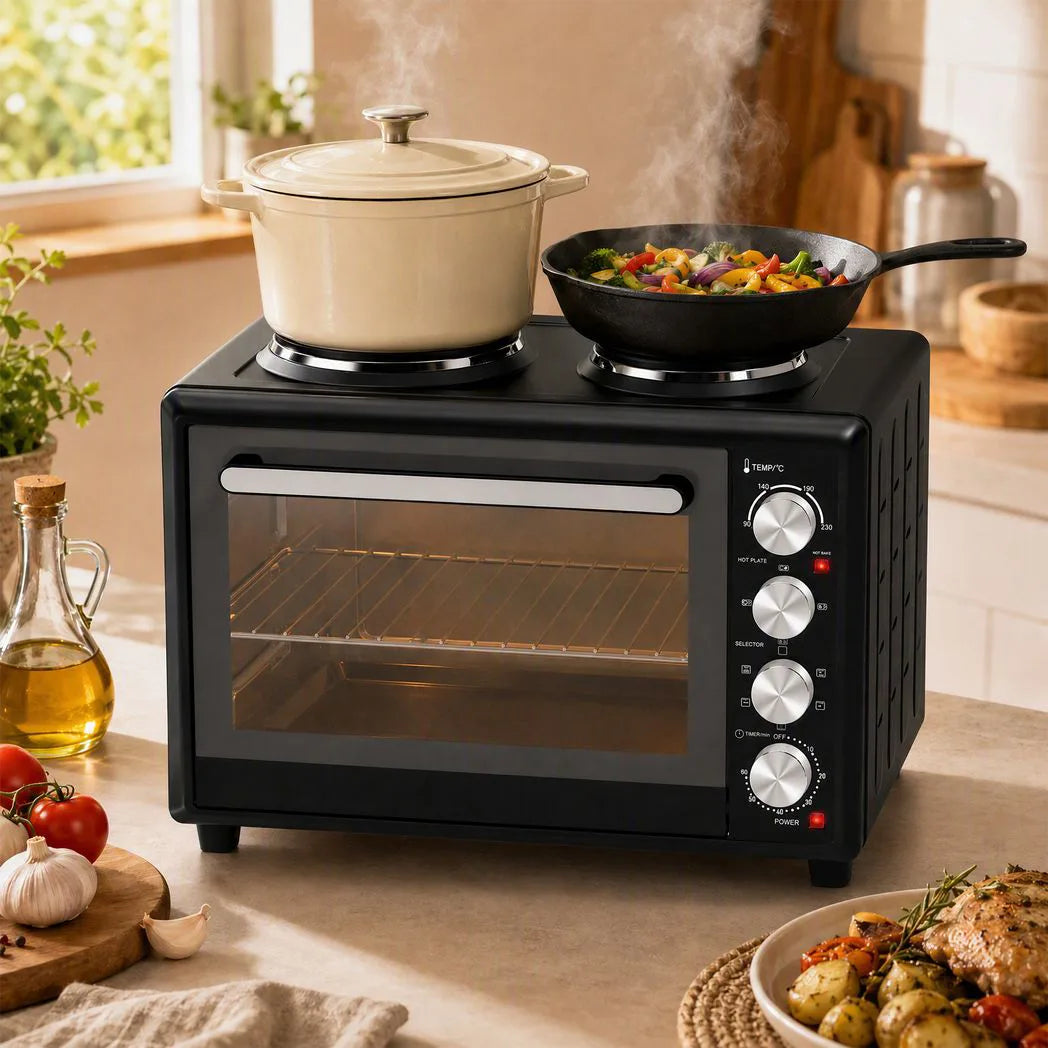 HOMCOM 36L Mini Oven with Dual Hot Plates, Convection Fan & Rotisserie – Countertop Electric Cooker, 90–230°C