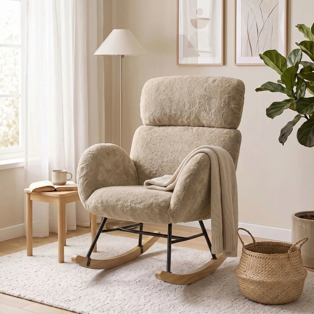 HOMCOM Upholstered Rocking Chair with Adjustable Headrest – Raindrop Velvet, Rubberwood Base, Light Brown