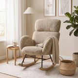 HOMCOM Upholstered Rocking Chair with Adjustable Headrest – Raindrop Velvet, Rubberwood Base, Light Brown