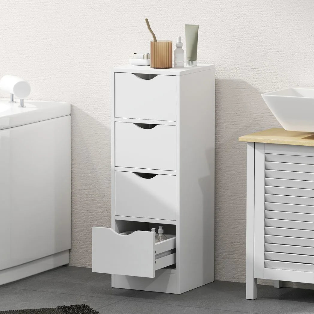 HOMCOM 4-Drawer Narrow Bathroom Cabinet, Freestanding Storage Unit with Groove Handles for Small Spaces, White
