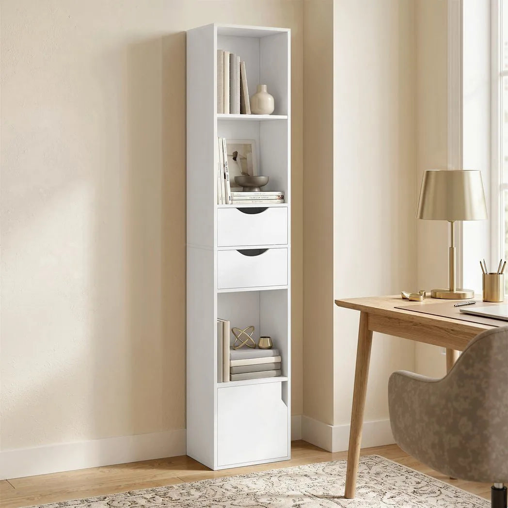 HOMCOM 158 cm Slim Bookcase with 2 Drawers, Cabinet and Adjustable Shelf – Space-Saving Bookshelf, White
