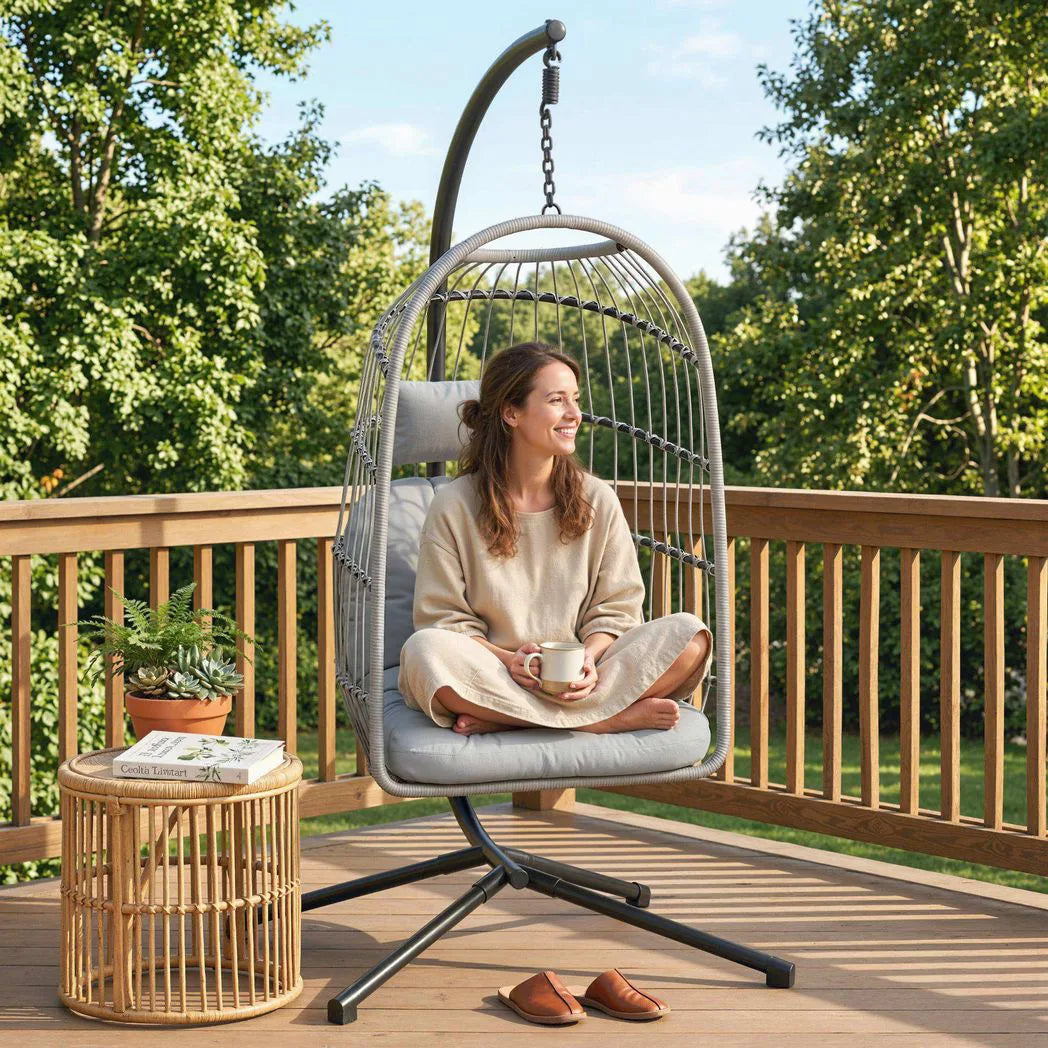 Outsunny Hanging Egg Chair with Stand – Indoor Outdoor Swing Chair with Foldable Basket, Cushions & Safety Strap, Light Grey