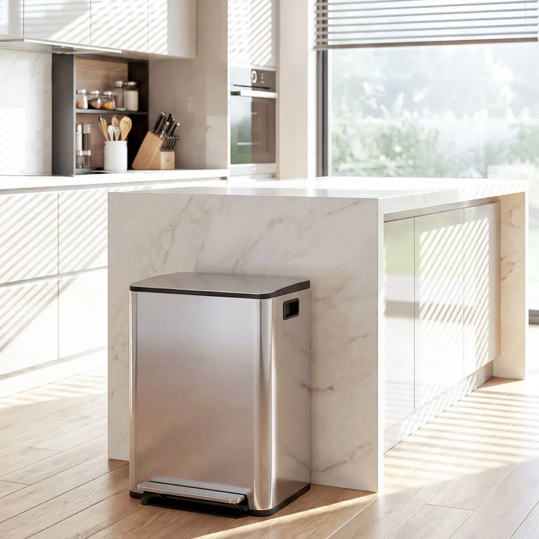 HOMCOM 40L Dual Compartment Pedal Bin with Soft Close Lid, Deodoriser Holders – Stainless Steel Kitchen Bin, Silver Tone