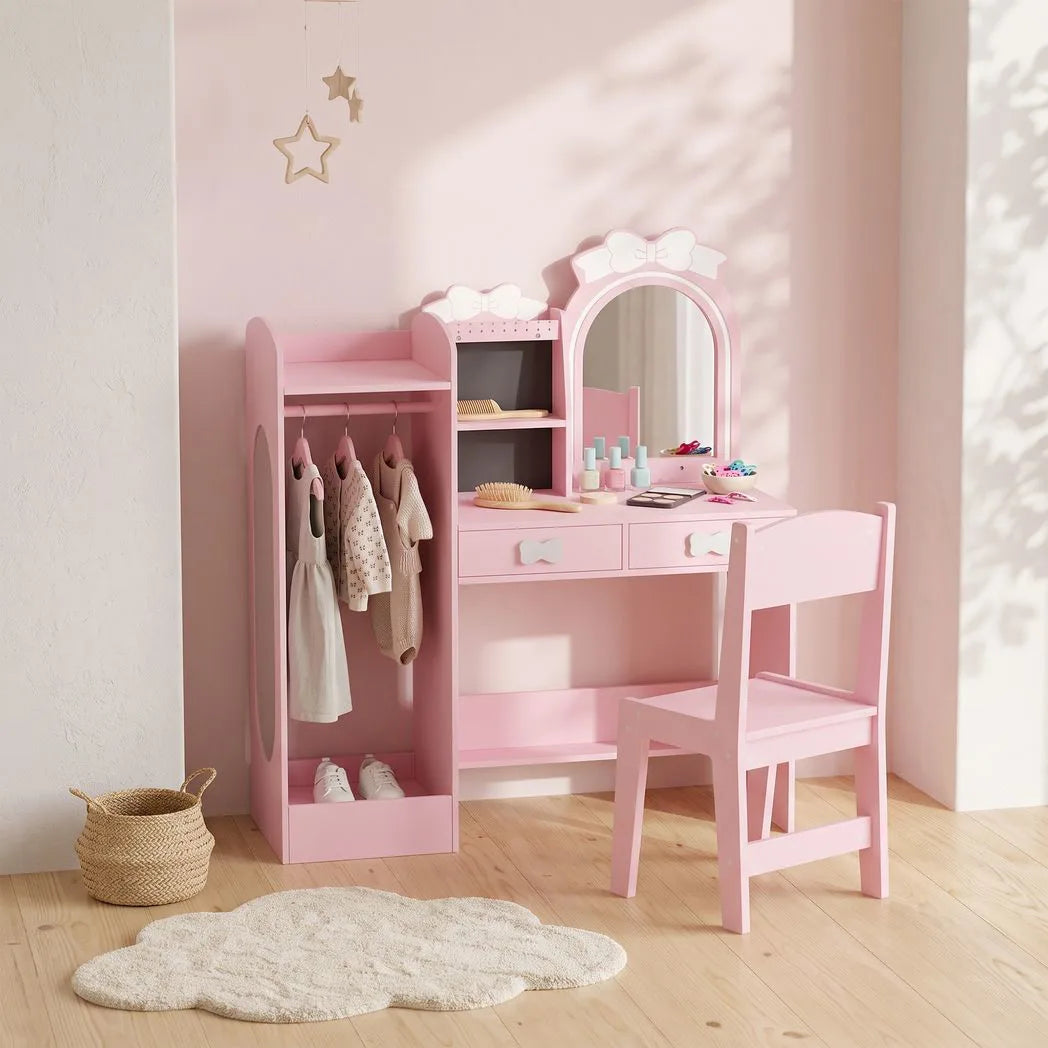 AIYAPLAY 3-in-1 Kids Dressing Table with Stool, Light-Up Mirror and Clothes Rack – Vanity Set Ages 3-8, Pink