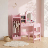 AIYAPLAY 3-in-1 Kids Dressing Table with Stool, Light-Up Mirror and Clothes Rack – Vanity Set Ages 3-8, Pink