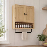 HOMCOM Wall-Mounted Bathroom Cabinet with 2 Doors, Open Shelf and Towel Rail – Bathroom Storage, Oak