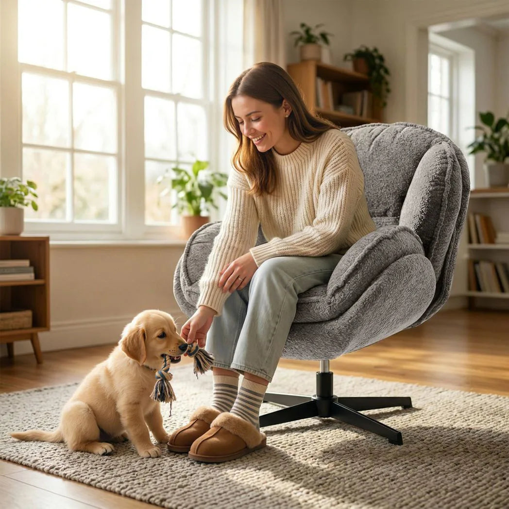 HOMCOM Modern Wingback Accent Chair with Four-Star Base and S-Springs – 360° Swivel Velvet Armchair, Grey