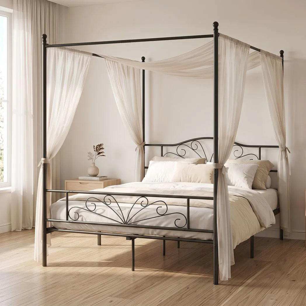 HOMCOM King Size Canopy Bed Frame with Headboard and Footboard – Metal Four-Poster Bed, Black