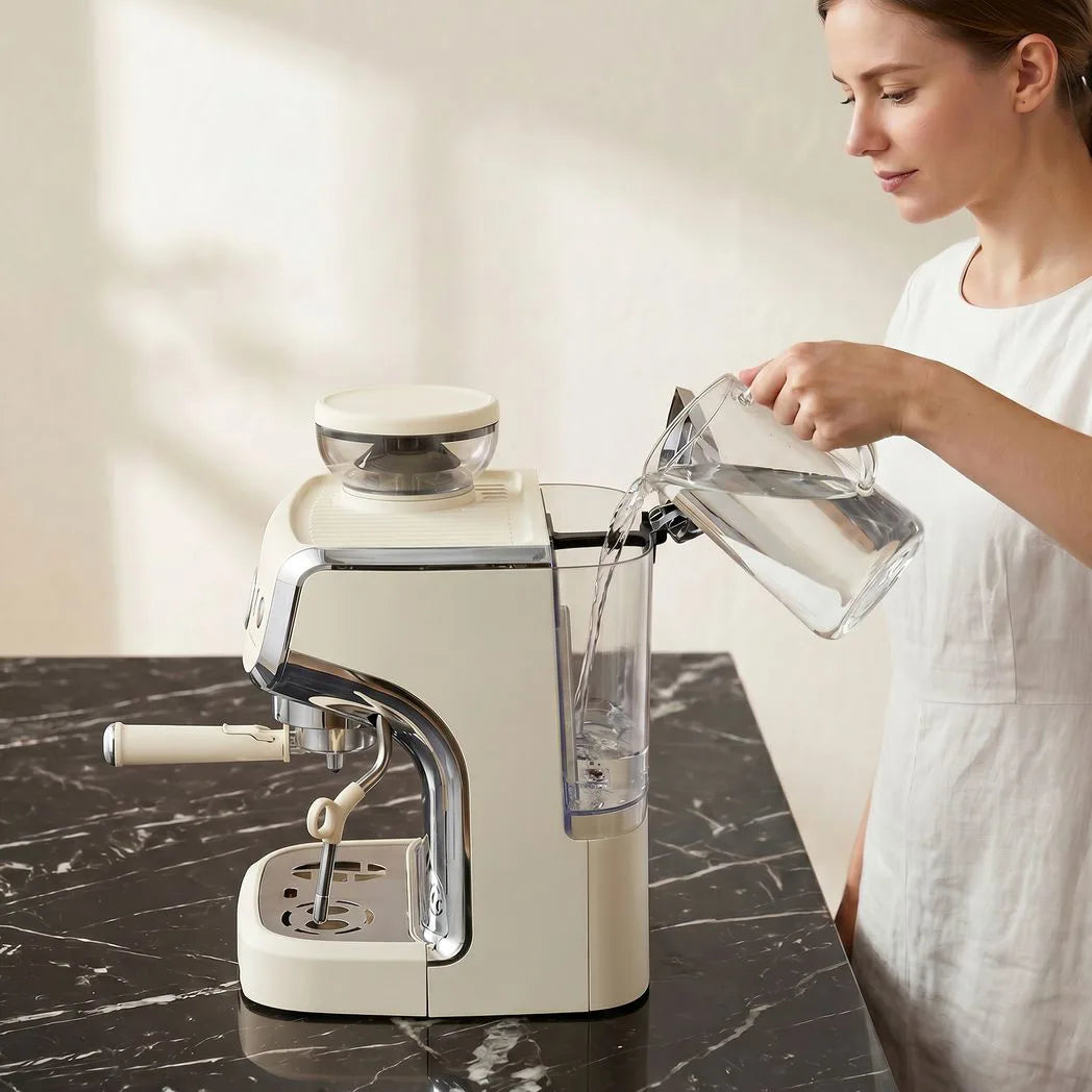 HOMCOM 15 Bar Espresso Coffee Machine with Adjustable Grinder, Steam Wand and Accessories – Cream White