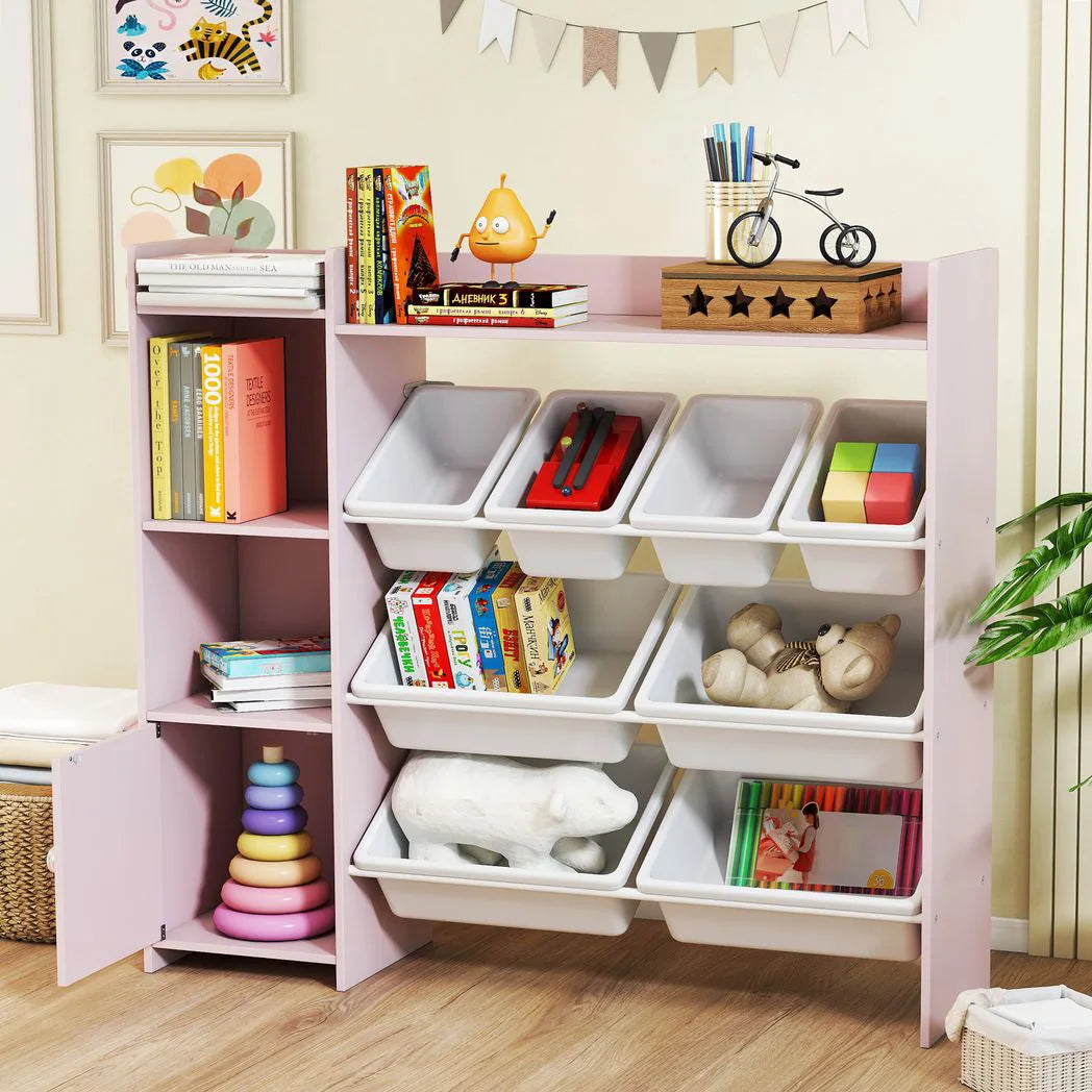 AIYAPLAY Kids Toy Storage Unit with 8 Removable Bins, Shelves & Cabinet – Pink