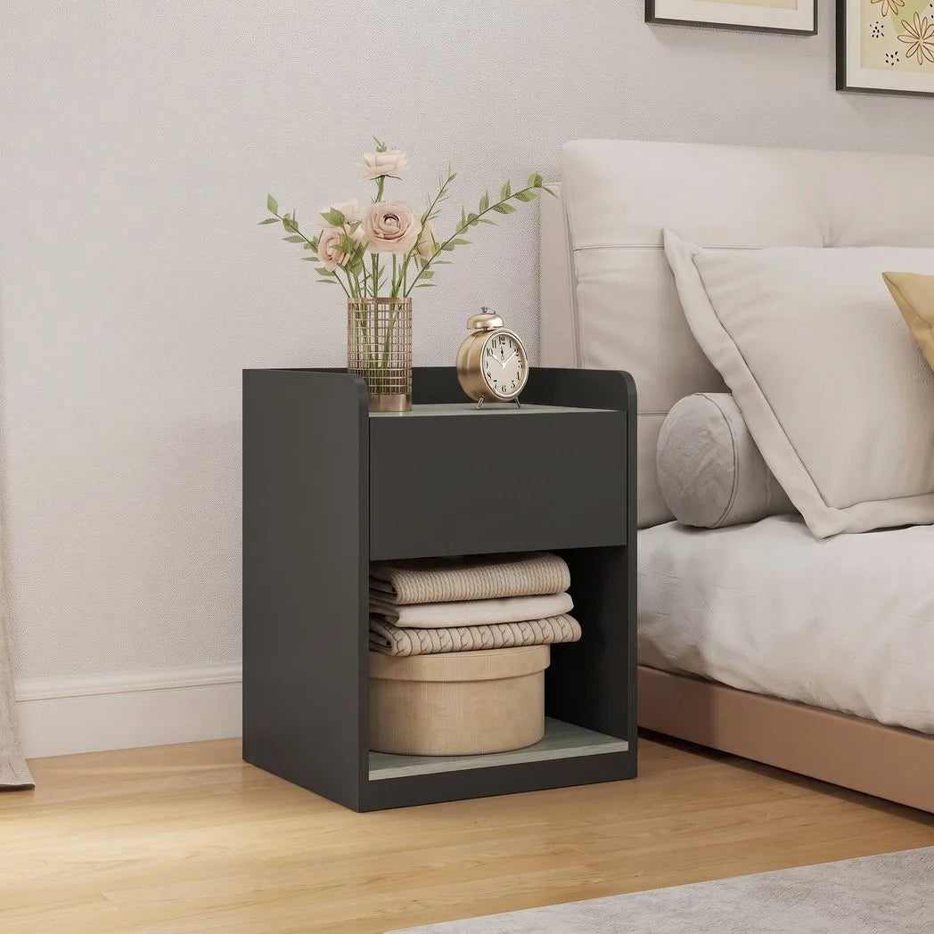 HOMCOM Modern Slim Bedside Table with Drawer, Shelf & Cable Holes – Nightstand, Black and Grey Wood Effect