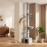 PawHut Floor to Ceiling Cat Tree, 230-250cm Adjustable Six-Level Cat Tower with Hammock, Condo & Sisal Posts