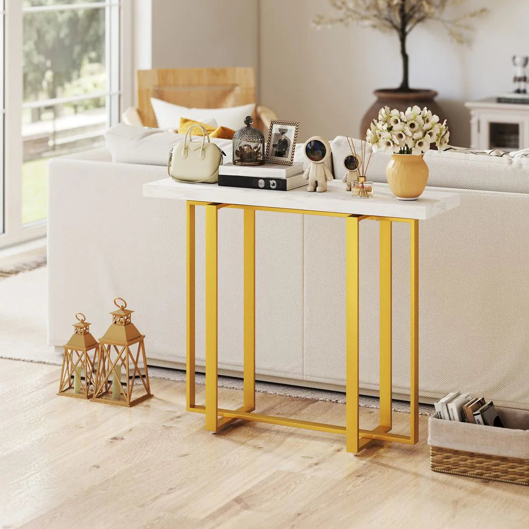 HOMCOM Faux Marble Console Table with Steel Frame – Narrow 100cm Entryway Table with Anti-Tip Device, White