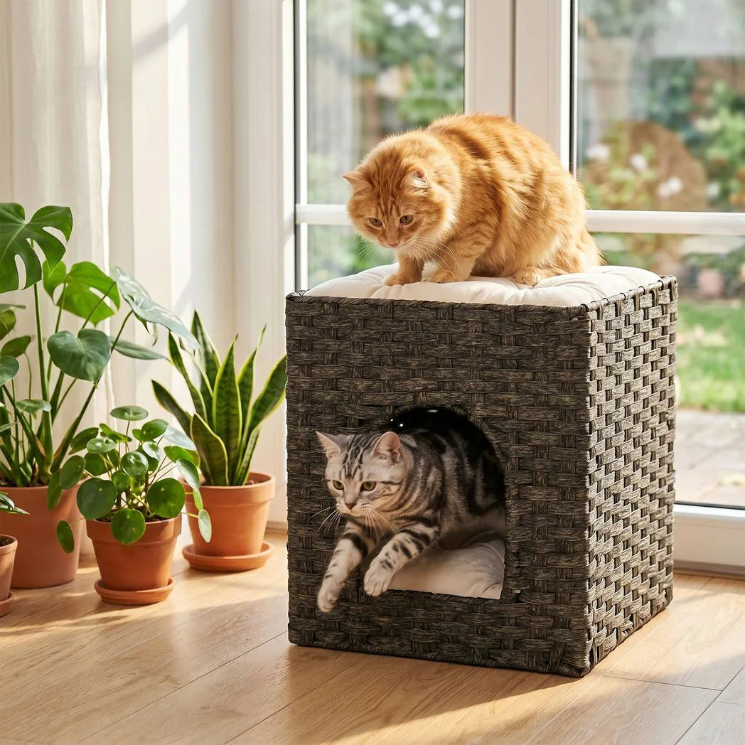 PawHut 2-Tier Wicker Cat House with Cushion – Handwoven Rattan Indoor Cat Bed, Grey