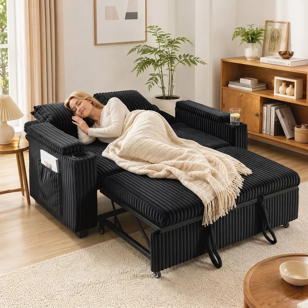HOMCOM 2 Seater Sofa Bed with 5-Position Backrest, Storage Armrest and Cup Holders – Corduroy Sleeper, Black