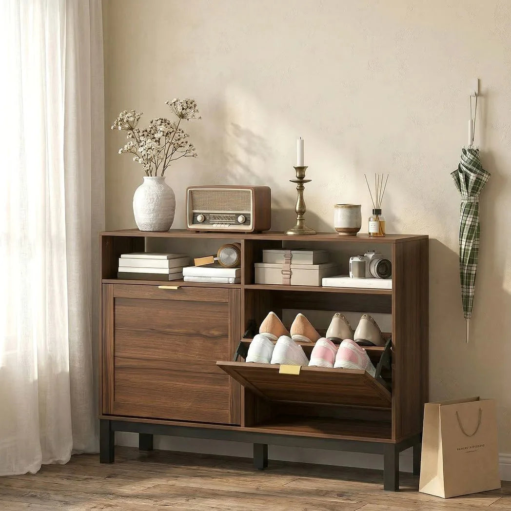 HOMCOM Narrow Shoe Cabinet with 2 Flip Drawers & Open Shelves – Rustic Brown