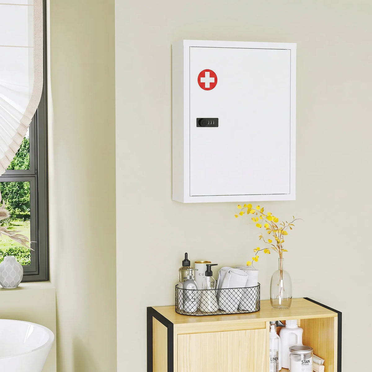 HOMCOM Wall Mount Medicine Cabinet with Combination Lock, Door and Storage Shelves – Bathroom Storage, White