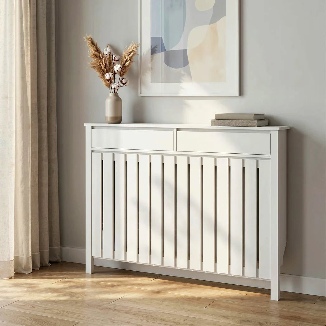 HOMCOM Rustic-Look Radiator Cover with Top Drawers and Slats, 93 x 119cm – Slimline Heater Cabinet, White