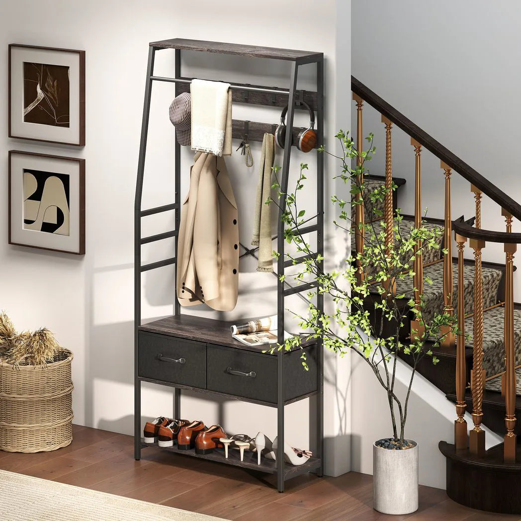 HOMCOM Industrial Hall Tree Coat Rack with Shoe Bench, 10 Removable Hooks, 2 Fabric Drawers and Clothes Rail – Grey
