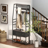 HOMCOM Industrial Hall Tree Coat Rack with Shoe Bench, 10 Removable Hooks, 2 Fabric Drawers and Clothes Rail – Grey