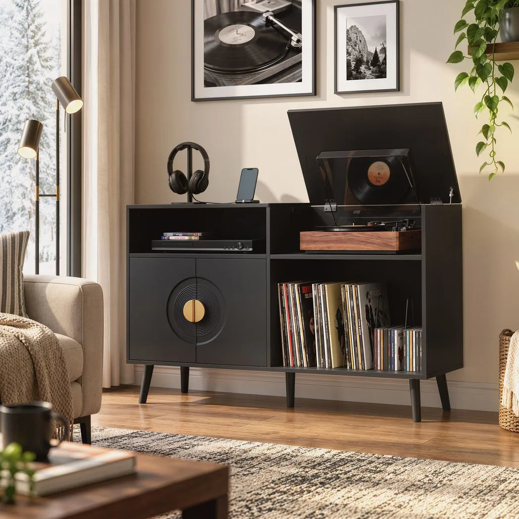 HOMCOM Record Player Stand with 300-Album Vinyl Storage & Flip-Top Compartment – Mid-Century Style, Black