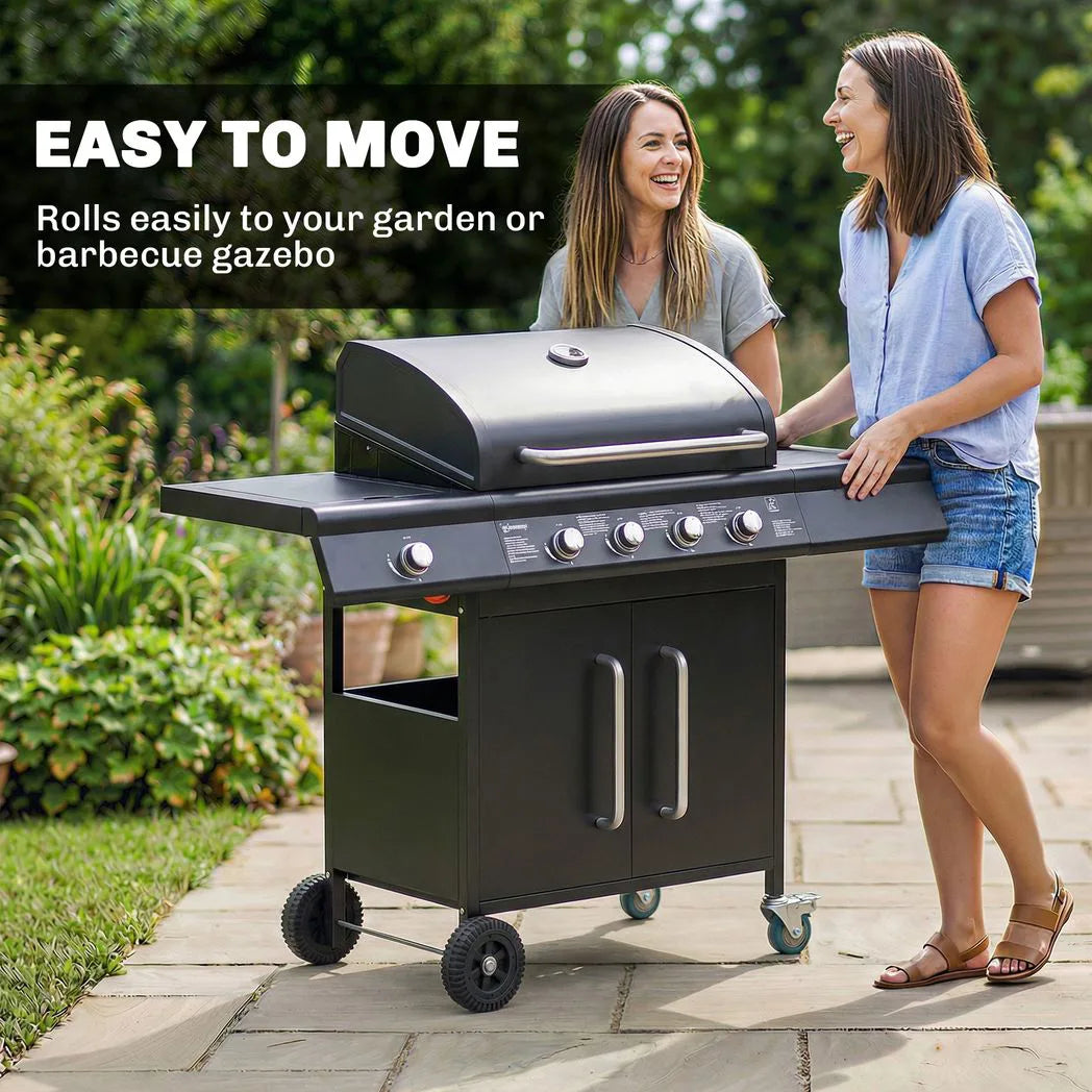 Outsunny 4 Burner Gas BBQ Grill with Storage Cabinet, 15.2 kW, Side Table & Warming Rack – Propane Barbecue Trolley on Wheels
