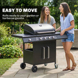 Outsunny 4 Burner Gas BBQ Grill with Storage Cabinet, 15.2 kW, Side Table & Warming Rack – Propane Barbecue Trolley on Wheels