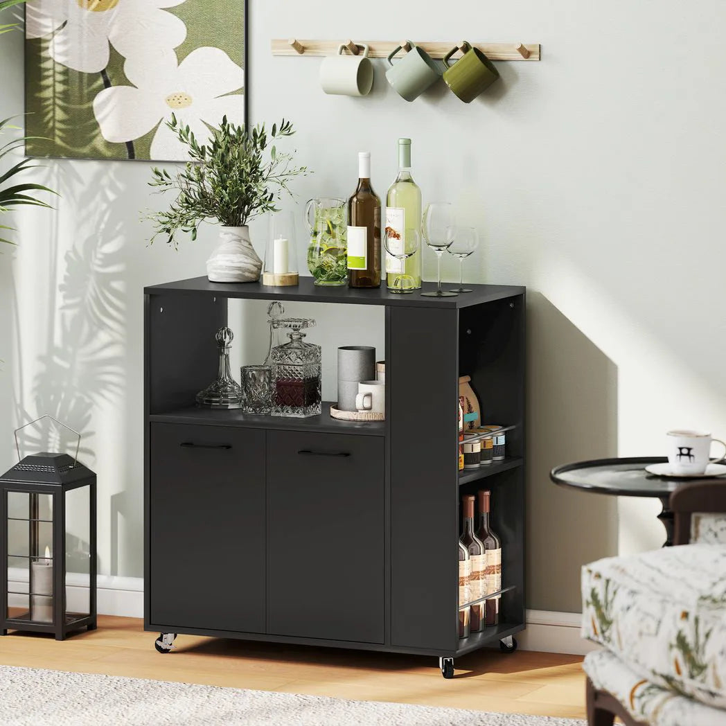 HOMCOM Kitchen Trolley with 2-Door Cabinet, Spice Racks and Adjustable Shelf – Rolling Island Cart, Black