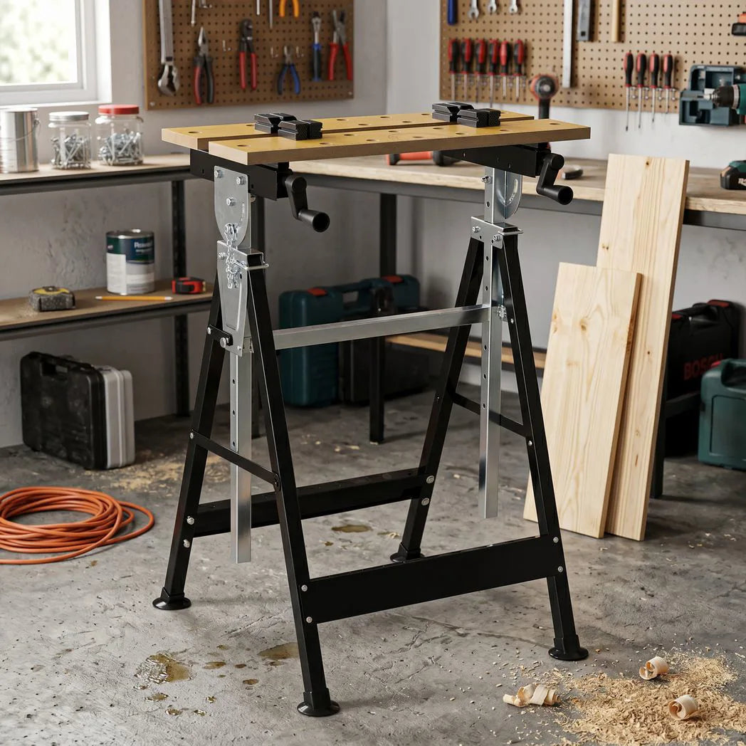 HOMCOM Portable Folding Workbench with Adjustable Height & Angle, 4 Clamping Pegs, 100 kg Capacity, Beige