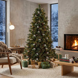 HOMCOM 6ft Pre-Decorated Hinged Christmas Tree with 716 Tips, Berries and Foldable Metal Stand, Green