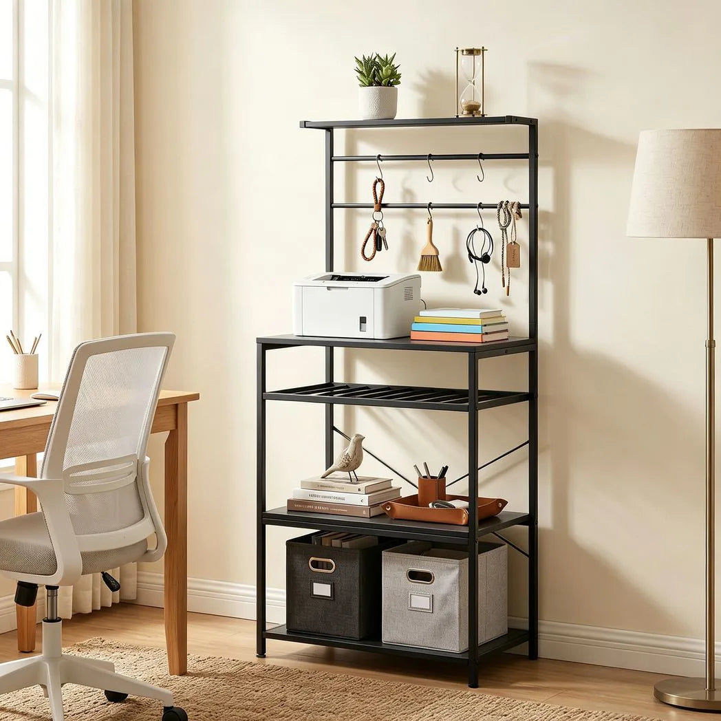 HOMCOM Freestanding Industrial Shelving Unit with 6 Hooks and Wine Rack – Living Room, Home Office Storage, Black