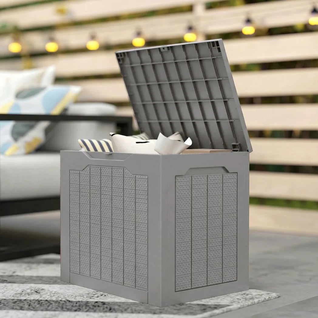 Outsunny 73L Plastic Garden Storage Box with Handles and Padlock Loop – Waterproof Outdoor Container, Khaki