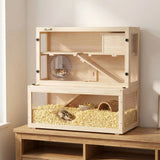 PawHut Wooden Hamster Cage with Hut, Wheel, Ramps and Removable Viewing Panels, 80 x 50 x 84 cm, Natural