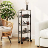 HOMCOM Slim 5-Tier Storage Trolley with Wood-Effect Top, 4 Mesh Baskets and Swivel Wheels – Kitchen Cart, Black