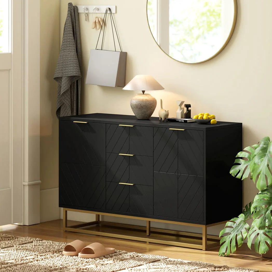 HOMCOM Sideboard with 3 Drawers, 2-Door Cabinet and Adjustable Shelves, Gold-Tone Base, Black