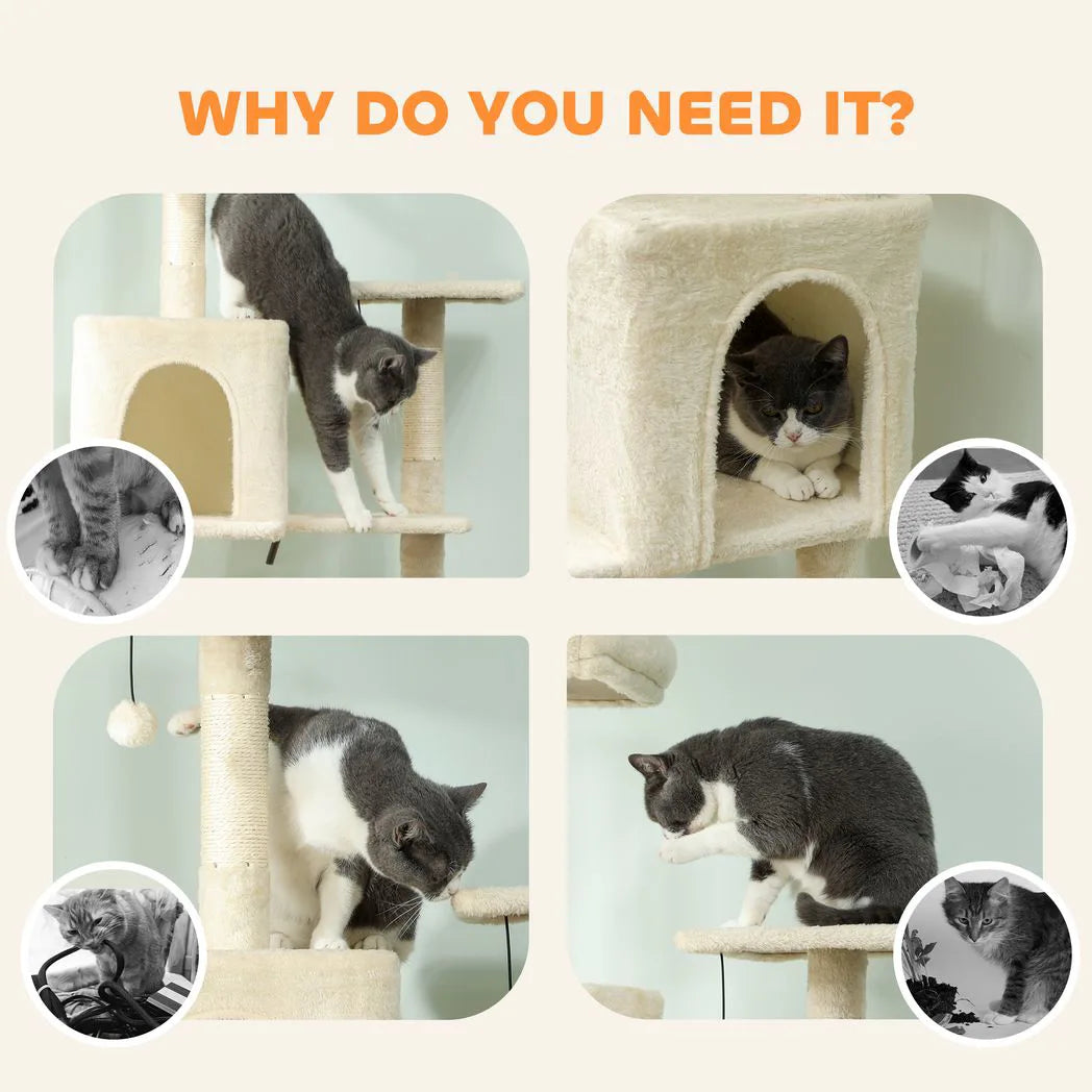 PawHut 202cm Cat Tree with 6 Scratching Posts, 2 Hammocks and 2 Condos – Cat Tower, Beige