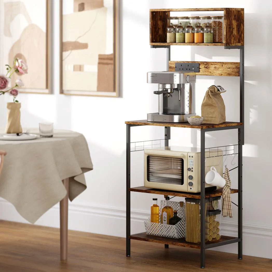 HOMCOM Kitchen Storage Rack with Power Outlets, USB Chargers and Hooks – Bakers Rack, Coffee Station, Rustic Brown