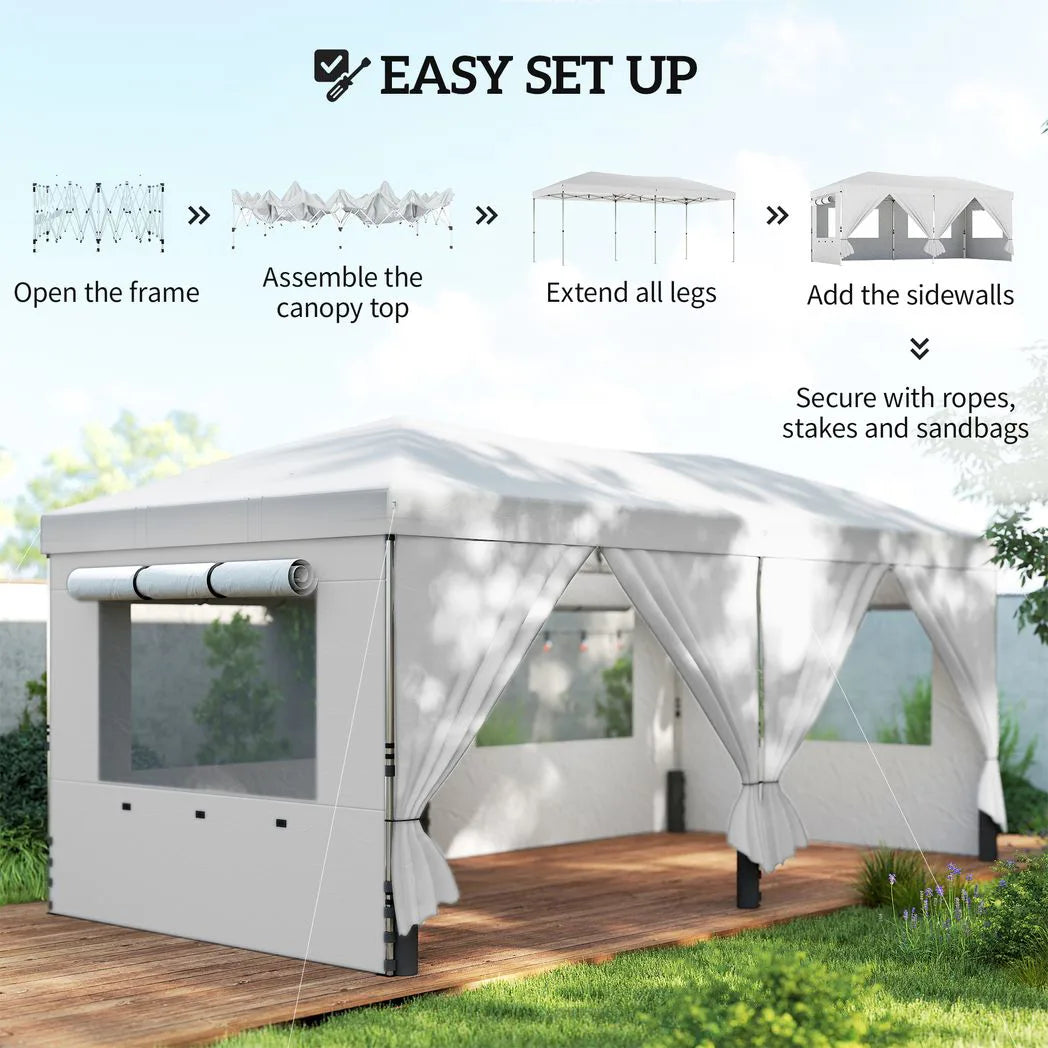 Outsunny 3 x 6 m Pop Up Gazebo with 6 Sidewalls – UV50 Garden Party Tent with Mesh Windows & Wheeled Bag, White