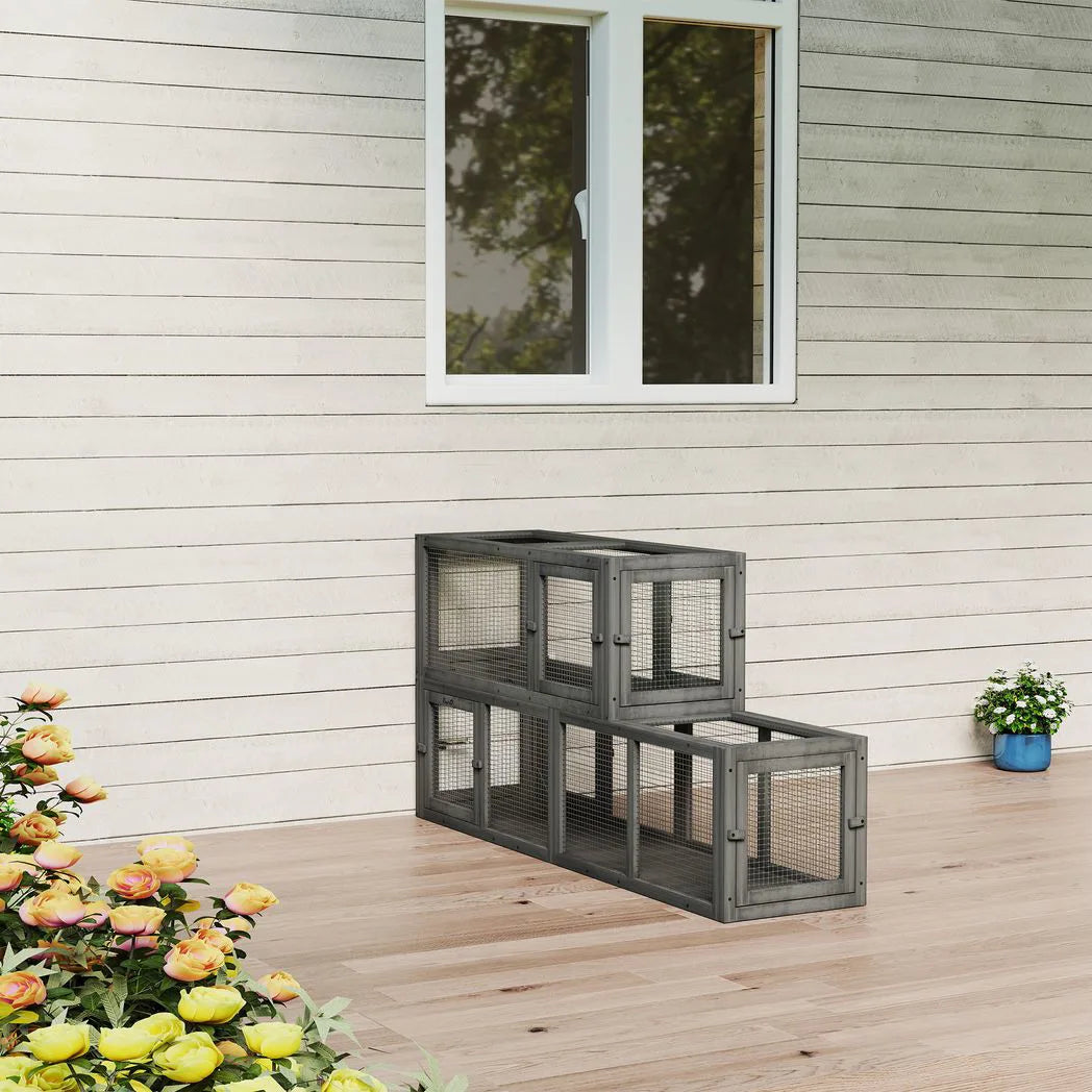 PawHut 250cm Extra Long Wooden Cat Tunnel with 8 Doors – L-Shape or Rectangle Outdoor Cat Enclosure, Dark Grey