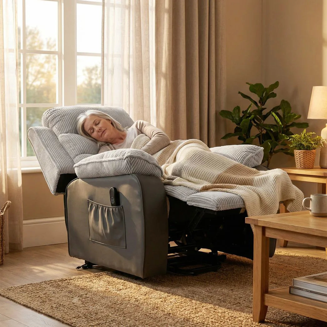 HOMCOM Overstuffed Corduroy Electric Riser Recliner Chair with Footrest and USB Port – Power Lift Chair, Grey
