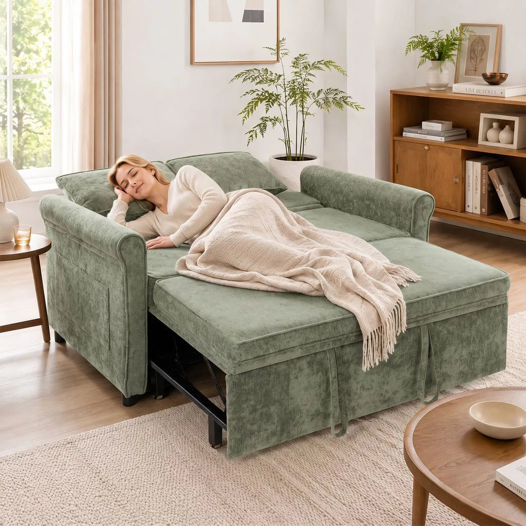 HOMCOM 2 Seater Sofa Bed, 3-in-1 Convertible Chenille Sleeper Sofa with 5-Position Backrest – Light Green