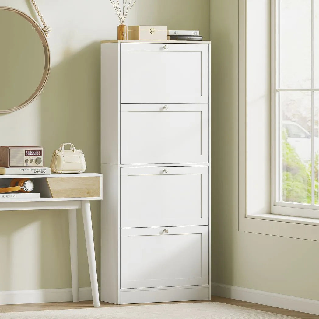 HOMCOM Slim 4-Drawer Shoe Cabinet with Adjustable Shelves – Holds 24 Pairs, White