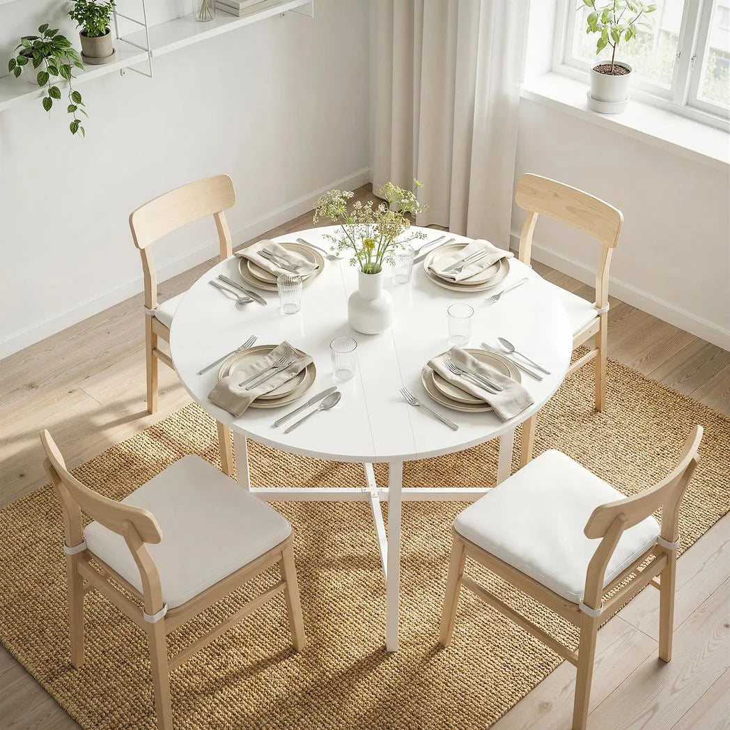 HOMCOM Round Drop Leaf Dining Table – 80cm Folding Kitchen Table for Small Spaces with Steel Frame, White