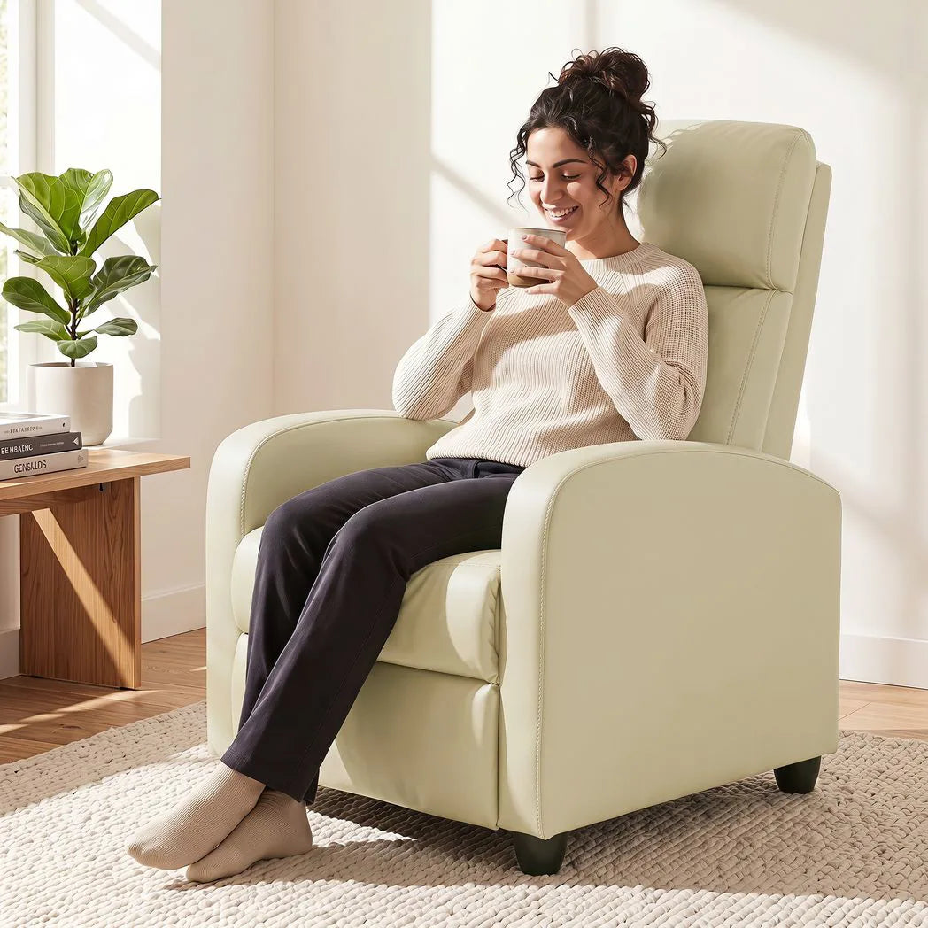 HOMCOM Massage Recliner Armchair with Push Back Reclining, Leg Rest & Side Pocket – Faux Leather, Cream