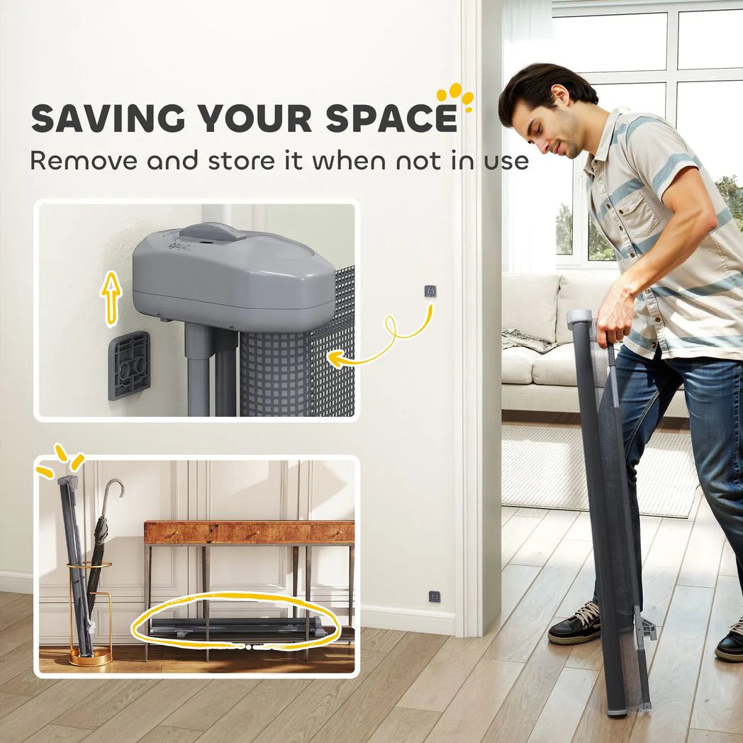 PawHut Retractable Dog Gate, Extends to 300cm Wide x 104cm Tall – One-Hand Mesh Gate for Stairs